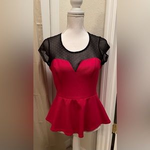 Cute, red, black, sheer, neckline adorned with gold dots. Shows your finger!